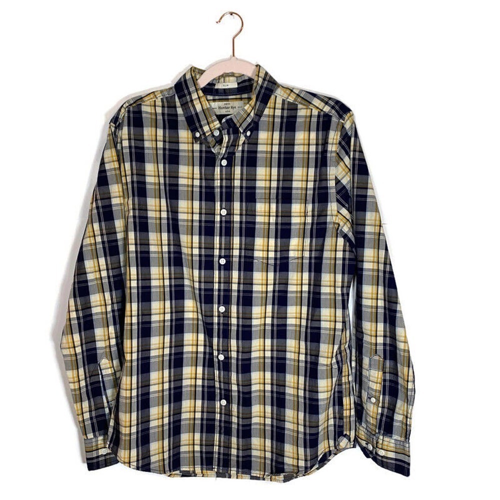 Hawker & Rye Slim Button Down Shirt Plaid Sz M Navy Gold Stretch Long Sleeve